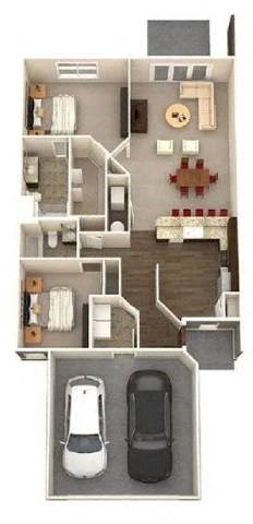 A floor plan of a two-bedroom apartment with a garage for one car.