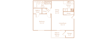 A floor plan of a house with a living room, dining room, kitchen, bedroom, bathroom, and storage space.