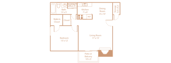 A floor plan of a house with a living room, dining room, kitchen, bathroom, bedroom, and walk-in closet.