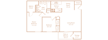 A floor plan of a house with a living room, two bedrooms, a kitchen, a dining room, and a storage area.