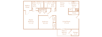 A floor plan of a house with a living room, two bedrooms, a kitchen, a dining room, and a walk-in closet.