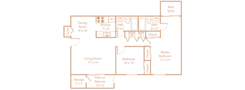 A floor plan of a house with a living room, dining room, kitchen, two bathrooms, two closets, a master bedroom, and a storage area.
