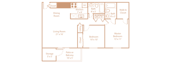 A floor plan of a house with a living room, two bedrooms, a kitchen, a bathroom, a walk-in closet, a storage area, and a patio or balcony.