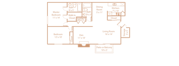 A floor plan of a house with a master bedroom, two additional bedrooms, a living room, a dining room, a kitchen, a walk-in closet, and a patio or balcony.