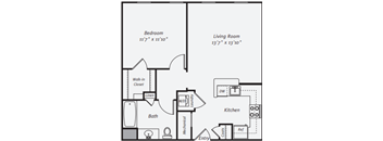 A floor plan of a small apartment with a bedroom, living room, kitchen, and bathroom.