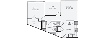 A floor plan of a small apartment with a bedroom, living room, den, and kitchen.