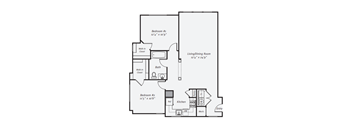 A floor plan of a home with two bedrooms, a living/dining room, a kitchen, and a bathroom.