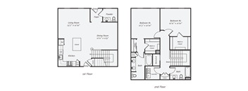 A floor plan of a two-story house with two bedrooms.