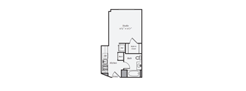 A floor plan of a studio apartment with a kitchen, bathroom, and living room.