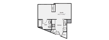 A floor plan of a studio apartment with a bath, kitchen, and entry/mechanicals.