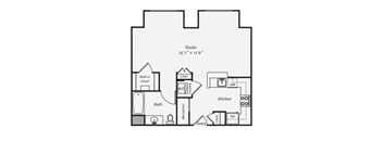 A floor plan of a house with a studio, bathroom, and kitchen.