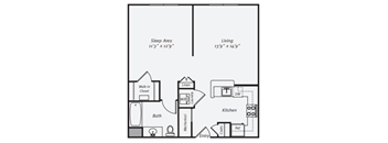 A floor plan of a small apartment with a sleeping area and a living area.