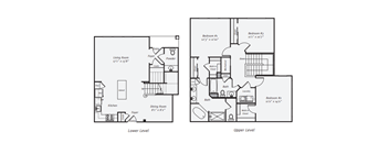 A floor plan of a two-story house with a living room, kitchen, dining room, and three bedrooms.
