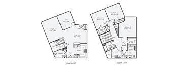 A floor plan of a two-level home with labeled rooms and dimensions.