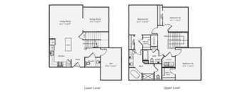 A black and white image of a floor plan for a two-level home.