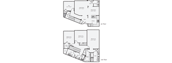 A drawing of a two-story house plan with labeled rooms.