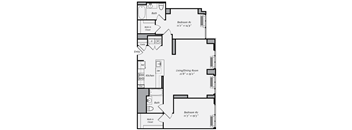 A floor plan of a home with two bedrooms, a living/dining room, a kitchen, and a bathroom.