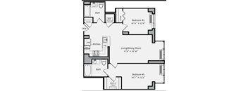 A black and white image of a floor plan for a home with two bedrooms, a living/dining room, kitchen, bathroom, and entry.