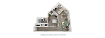 A floor plan of a house with a living room, kitchen, and two bedrooms.