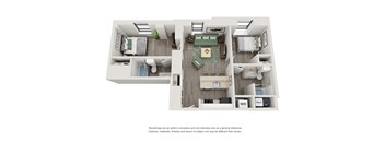 A floor plan of a small apartment with a kitchen, living room, and bathroom.