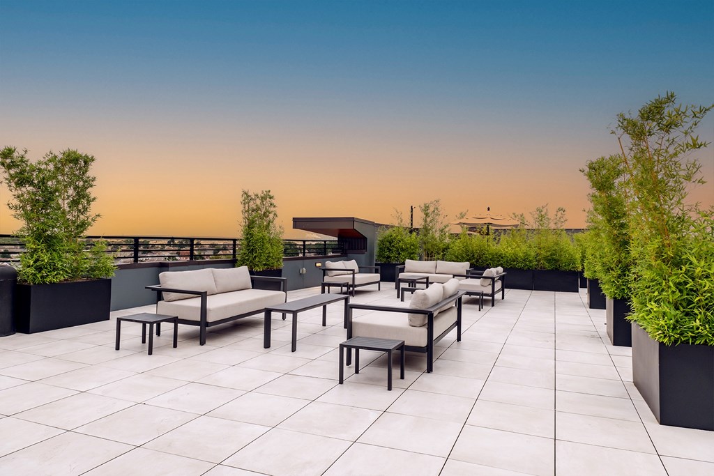 Modern rooftop lounge with cushioned seating at The Botanic apartments in Carteret, NJ