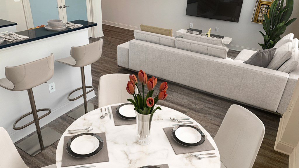 Apartment dining area and open floor plan at The Pepper Building in Philadelphia