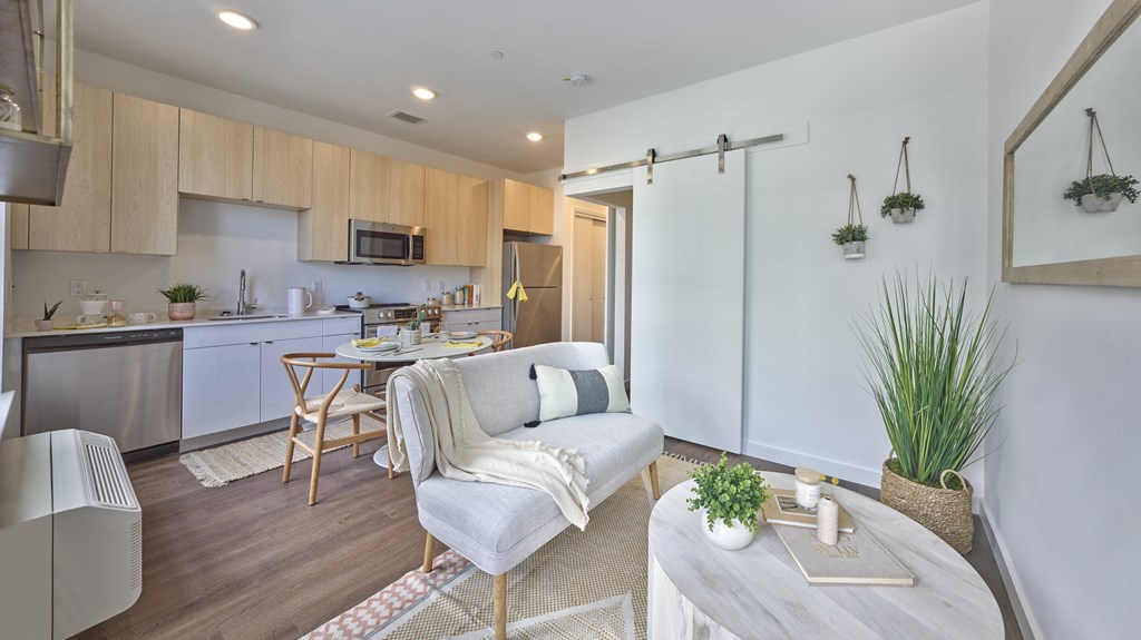a living room with a couch and a table
