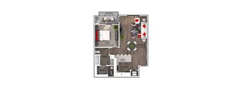 A floor plan of a small apartment with a sleeping area, a kitchen, a dining area, and a living area.