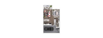 A floor plan of a house with a living room, kitchen, and two bedrooms.