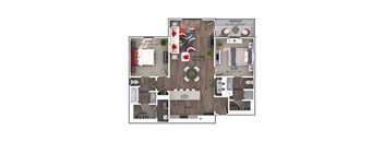A floor plan of a house with two bedrooms, a living room, a dining room, a kitchen, a bathroom, a laundry area, and a garage.