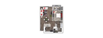 A floor plan of a small apartment with a living area, kitchen, and two bedrooms.