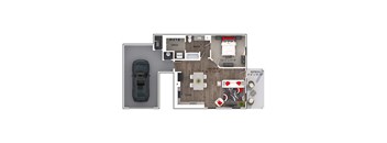 A top-down view of a small apartment layout with a kitchen, living room, and bedroom.