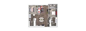 A floor plan of a house with two bedrooms, a living room, a kitchen, a bathroom, a washroom, a dressing area, and a cooking area.