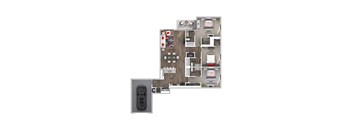 A floor plan of a house with a car parked outside.