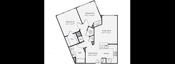 A floor plan of a house with two bedrooms, a living room, a kitchen, a bath, a dining room, and an entry.