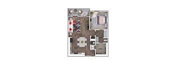 A floor plan of a small apartment with a sleeping area, a kitchen, a living room, and a bathroom.