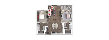 A floor plan of a two bedroom apartment with a living room and a kitchen.