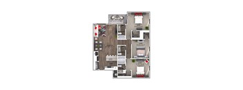 A floor plan of a house with three bedrooms, a living room, a dining room, a kitchen, a bathroom, and a laundry area.