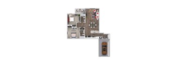 A floor plan of a house with a garage and a car.
