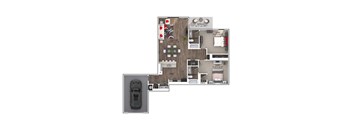A floor plan of a house with a garage and a car.