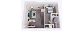 A layout of a room with furniture and a note that finishes and dimensions may vary.