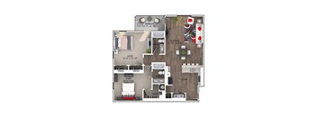 A floor plan of a small apartment with a living room, two bedrooms, a kitchen, and a bathroom.