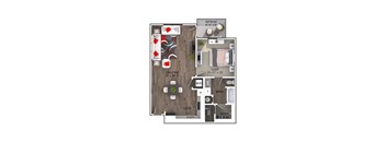A floor plan of a small apartment with a living room, kitchen, and bathroom.