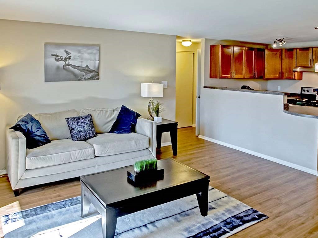 Living Room With Kitchen View at The Crest at Princeton Meadows, Plainsboro