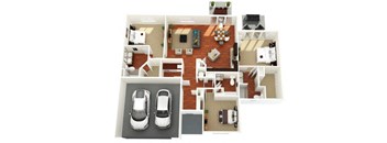 A floor plan of a house with two cars parked in the garage.