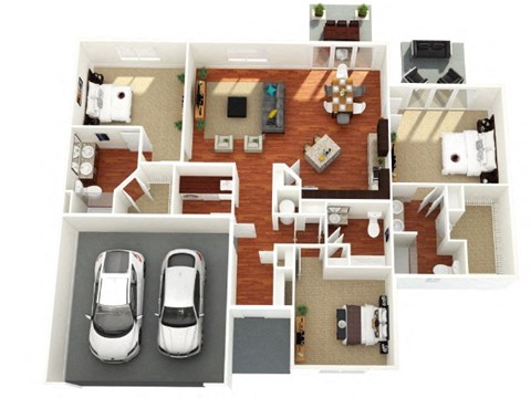 A floor plan of a house with two cars parked in the garage.