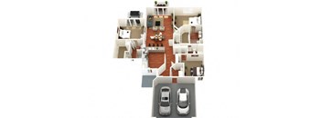 A top down view of a house with two cars parked in the driveway.