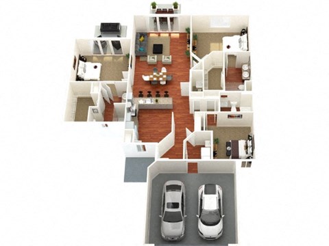 A top down view of a house with two cars parked in the driveway.