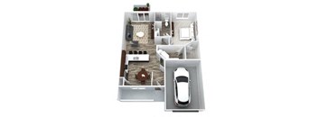 A white car is parked in a garage.
