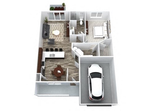 A white car is parked in a garage.